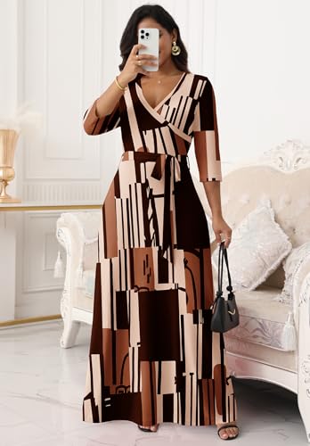 Image of FANDEE Plus Size Maxi Dress for Women Casual Summer Sundress V-Neck 3 /4 Sleeve