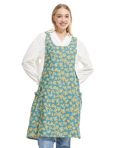 Image of Cozy Adjustable Cross Back Aprons for Women with Pockets Cotton Linen Cooking Kitchen Baking