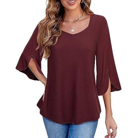Triratna Womens 3/4 Sleeve Tops and Blouses Women's Blouses Dressy Casual Trendy Tops for Women 2024 Work Shirts Business Casual Burgundy Blouses for Women Fancy Elegant Tunic Tops Party Dark Red XXL Cover