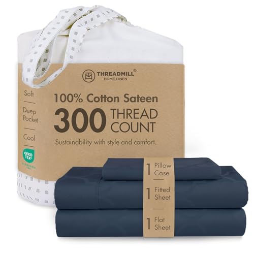 Image of Threadmill 300 Thread Count Cotton Twin Sheet Set, Sateen, Jacquard, Blue | 100% Cotton, Sateen Weave, Jacquard Pattern, 3-Piece Set, 16 inch Deep Pocket, Cooling, Breathable, OEKO-TEX Certified