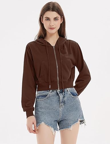 Image of Casual Wear Solid Crop Zipper Jacket Hooded Neck Full Sleeves with Kangaroo Pocket Hoodie for Women