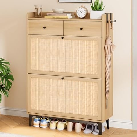 Jocoevol Rattan Shoe Cabinet Storage for Entryway, Narrow Wood Shoe Cabinet with 2 Flip Drawers & 2 Drawers, Freestanding Hidden Shoe Organizer with Metal Legs, Oak Cover
