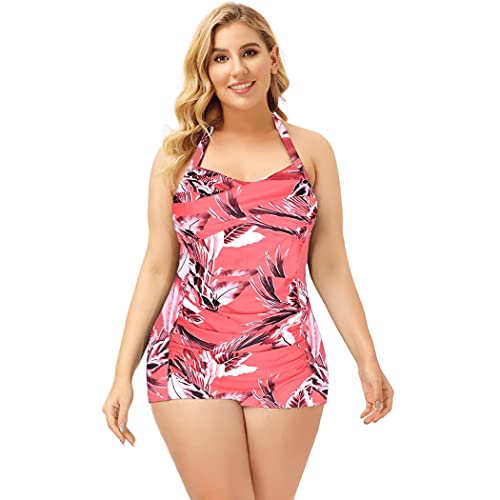 ebuddy Elegant Inspired Boy-Leg One Piece Ruched Monokinis Swimsuit (XXL, Pink Flower)