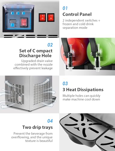 Image of Slushie Machine Commercial, 4Galx2 Tanks Frozen Drink Machine, 110V Stainless Steel Margarita Slushie Maker for Restaurant Bar Home Party Cocktail Alcohol Beverage Wine (Shiny Silver- 3 modes)