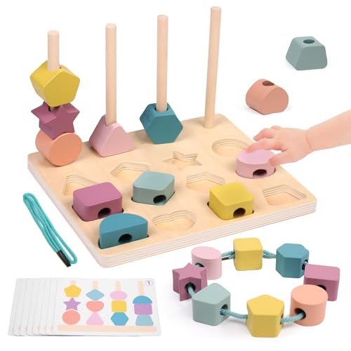 Jeux Montessori Enfant, 3 en 1 Jouet d'activité et de Développement Empilable y Enfiler, Enfant Jeu Educatif, Jouets de Tri Bois Cadeau pour Garcon et Fille...