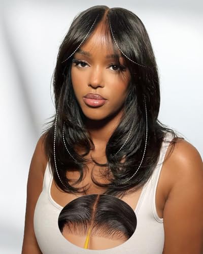 Face-Framing Layered Curtain Bangs Glueless Wig Human Hair Pre Plucked Pre Cut Perruque Cheveux Humain 6x6 HD Lace Front Wig 16 Pouces Ready to Wear Butterfly...