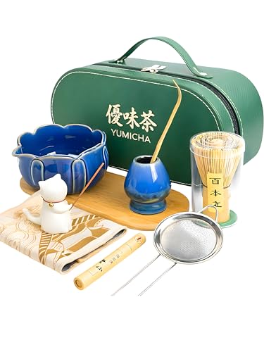 YŪMICHA – KIT Matcha Japonais 10 Pièces – Coffret Cérémonie avec Malette & Plateau Bois – Fouet Thé Matcha Bambou, Bol Céramique & Accessoires Porte-Encens Chat Zen – Idée Cadeau Premium