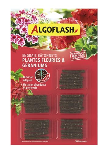 Algoflash Bâtonnets Engrais Géraniums et Plantes Fleuries, Utilisable en Agriculture Biologique - 30 Bâtonnets, Marron