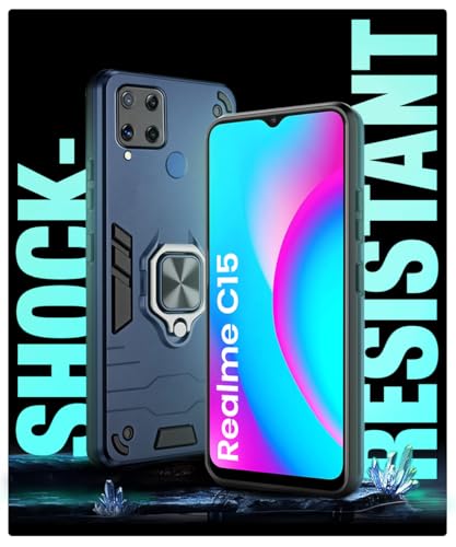 Image of WOW IMAGINE Shock Proof Back Case Mobile Cover for Realme C15 | Back Cover Case (Tough Armor | Hybrid PC + TPU | Ring Holder & in-Built Kickstand | Blue)