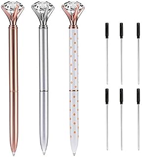 XMyth 3Pcs Big Crystal Diamond Pen Metal Ballpoint Pen for School and Office Supplies Girl Women Kids Gift Pen, Rose Gold/Silver/White&Rose Polka Dots, Black Ink with 6 Replacement Refills
