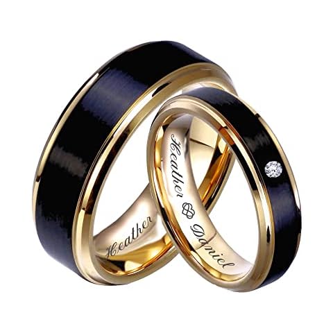 Personalized Black & Gold Stainless Steel Beveled Cut Couple's Ring Set Custom Engraved Free - Ships from USA Cover