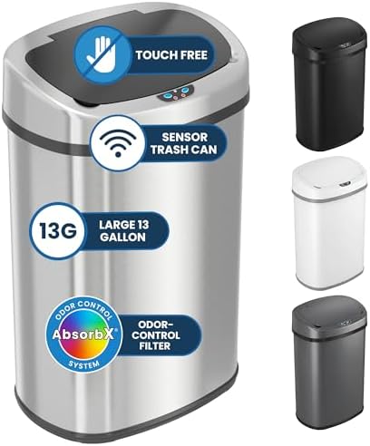 iTouchless 13 Gallon Oval Sensor Trash Can with Odor Filter, 50 Liter Automatic Ki...