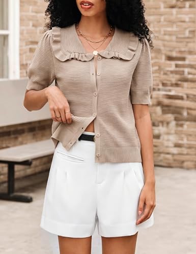 Image of Watashi Womens Ruffle Collar Puff Short Sleeve Cardigan Knit Crop Top | Peter Pan Collar Crochet Knitted Summer Fall Casual Work Wear Sweater