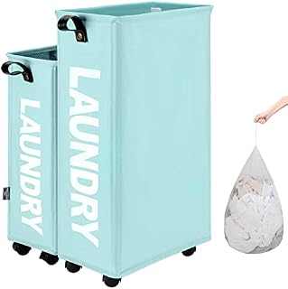 DOKEHOM 27.5-Inches Slim Laundry Basket with Removable Wash Bag on Wheels (4 Colors), Foldable Corner Storage Bins, Collapsible Rolling Laundry Hamper (Light Blue)
