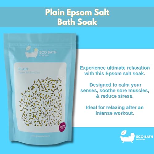 Image of Eco Bath London Plain Unscented Epsom Salt Bath Soak - Pouch 2.2 lb (1 kg), Made in UK, Natural Magnesium Bath Salt, Relaxing Spa Bath Soak for Stress Relief, Self Care Gift for Women and Men