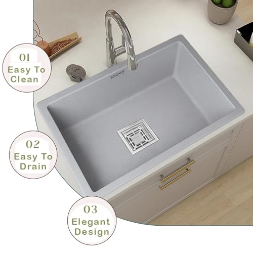 Image of BASINQU Quartz Kitchen Sink 24 x 18 x 9 Inch Granite Kitchen Sink Single Bowl Grey Quartz Sink for Kitchen Basin Sound Dampening Scratch Resistant UV-Protected Noise Reducing sinks