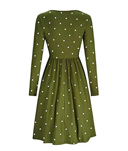 Teeuiear Women's Pleated Autumn Winter Polka Dot Print Button Down Dress Loose Swing Casual Tunic Cocktail Long Sleeve Dresses with Pocket (XL, Army Green)