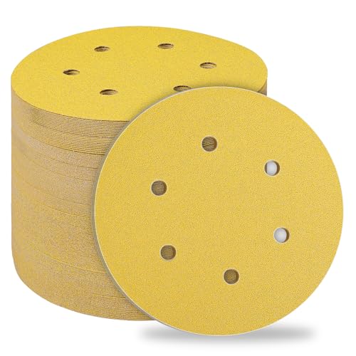 STEBRUAM Klett Schleifpapier 150mm,6 Löcher,80 körnung Schleifblätter,Schleifscheiben für Exzenterschleifer Mischkorn für Holz Metall und Farbe 50 Stück Gelb