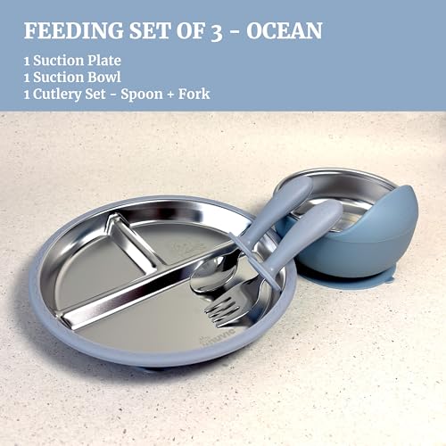 Image of Feeding Set of 3 for Kids | Suction Plate Bowl Cutlery Spoon Fork | BPA Free | Stainless Steel | Easy Grip | Non Spill | Self Feeding Set | Dishwasher Safe (Ocean)