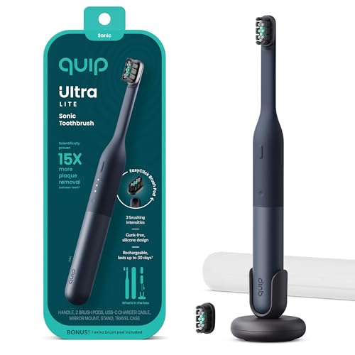 Quip Ultra Lite Sonic Electric Toothbrush Slim Lightweight Design 3 Brushing Modes 15X More Plaque Removal Pressure Sensor & 30-Day Battery Ash Black