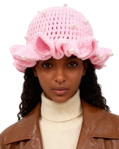 Image of Women Crochet Bucket Hat Cute Winter Ruffled Brim Floppy Cap Handmade Knit Cloche Hats