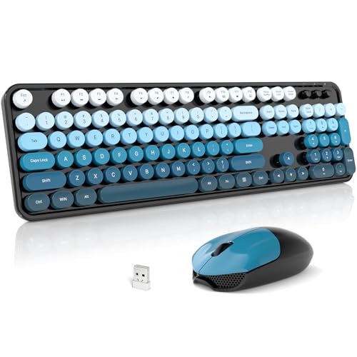 Image of Wireless Keyboard and Mouse Combo, 2.4GHz Gradient Colorful Full-Size Retro Typewriter Keyboard with Wireless Mouse for PC /Desktop /Laptop /Windows (Black Blue)