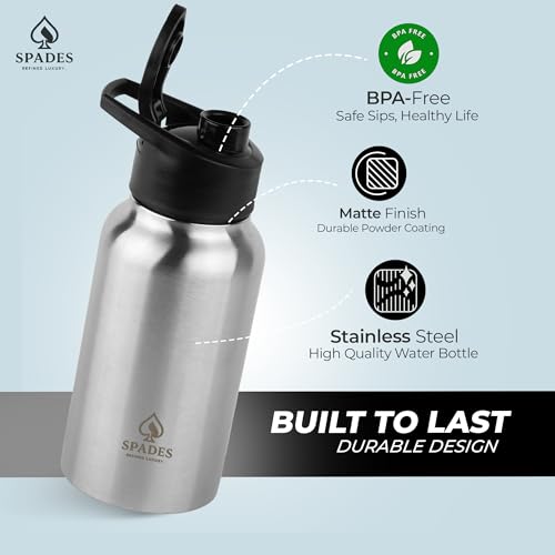 Image of SPADES Sipper Stainless Steel Water Bottle 500ml | BPA-Free Leakproof Bottle | Black & Silver Matte Finish | Gym, Travel & Office Use | Pack of 1