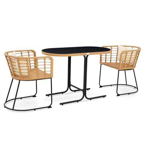 di volio Gartenmöbel-Set CELANO Beige/Creme, Terrassenmöbel aus wasserfestem Polyrattan und Stahl, Gartenmöbel für 2 Personen - Couchtisch & 2 Stühle