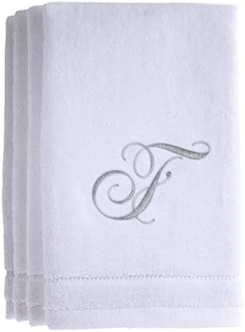 Monogrammed Towels Fingertip, Personalized Gift, 11 x 18 Inches - Set of 4- Silver Embroidered Towel - Extra Absorbent 100% Cotton- Soft Velour Finish - For Bathroom/ Kitchen/ Spa- Initial F (White)