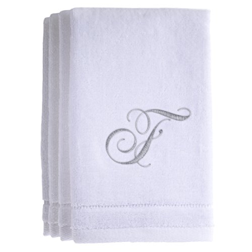 Monogrammed Towels Fingertip, Personalized Gift, 11 X 18 Inches - Set Of 4- Silver Embroidered Towel - Extra Absorbent 100% Cotton- Soft Velour Finish - For Bathroom/ Kitchen/ Spa- Initial F (White) #TOP25