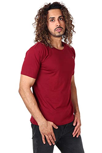 Image of SAAVA Men's Knitted Maroon Viscose Spandex Half Sleeve Crew Neck Tee T-Shirts