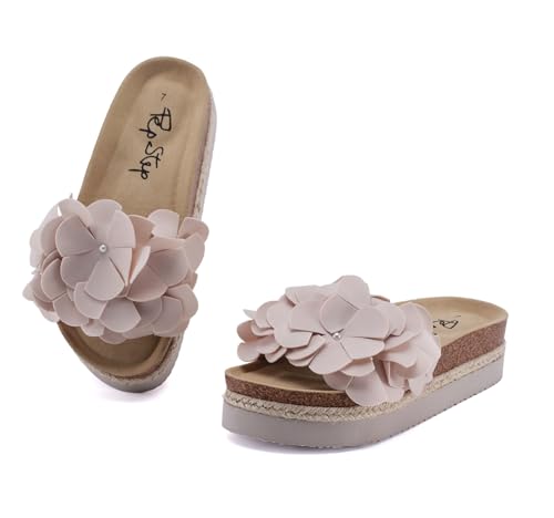 Image of PepStep Slide Sandals for Women with Soft Cork Footbed and Strap, Ladies Fashion Platform Slide Sandals Comfortable Slip On Style
