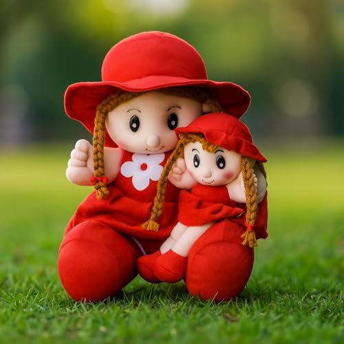 Image of SARO Mother & Baby Girl Soft Doll Set - Red Dress & Hat Combo | (Mother Doll Red)