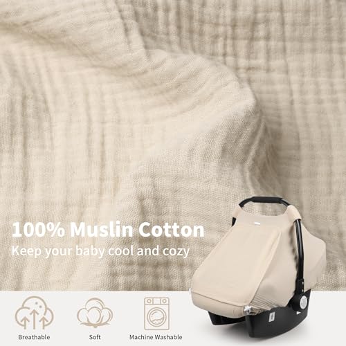Image of Rquite Car Seat Cover Baby, Carseat Covers Girl Boy, Breathable Muslin Cotton, Large Mesh Window, Infant Car Seat Canopy Baby Carrier Cover Stroller Sun Shade for Summer & Hot Day, Beige