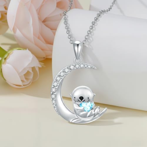 Image of PROESS Animal Birthstone Necklace 925 Sterling Silver Otter /Axolotl /Hippo /Elephant /Dachshund /Monkey /Red Panda Pendant Necklace Animal Birthstone Jewelry Gifts for Women