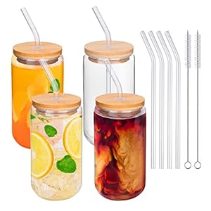 Marksle Home Glass Cups With Lids And Straws – 16oz Iced Coffee Cup 4pcs Set – Glass Iced Coffee Cups with Lids – Glass Tumbler with Straw and Lid – Glass Cups Set – Vasos De Vidrio