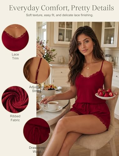Image of Girece Cami Pajama Set for Women Ribbed Lace Trim 2 Piece Pajamas with Shorts Adjustable Strap Pjs Set Soft Lounge Sleepwear