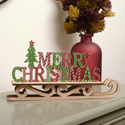 Melody Maison Rustic Wooden Green & Red Merry Christmas Sleigh Sign