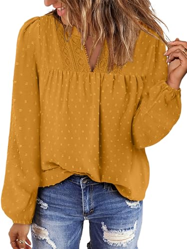 BETTE BOUTIK Women Boho Long Sleeve Shirts Dressy Casual V Neck Fall Fashion Tops Swiss Dot Flowy Blouses