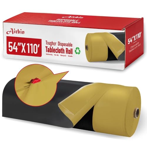 Image of Plastic Table Cover Roll, 110 Ft X 54 In Table Cloth Disposable with Cutter | Black Gold Tablecloth Premium PEVA Plastic Table Cloth Disposable Roll with Cutter for Graduation Parties, Banquets, Dinners