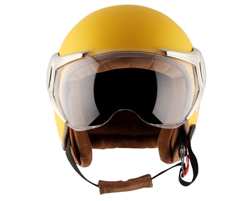 Image of Axor Retro Jet West ISI and DOT Certified Matte Finish Open Face Helmet for Men and Women with Clear Visor- Dull Yellow -L