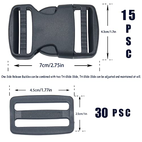 Rykomo 15 Set 1.5 Inch Side Release Buckles Plastic Clips 30 Pcs Tri-Glide Slides, Heavy Duty Dual Adjustable Plastic Buckle No Sewing Black Buckle Replacement For Backpack Luggage Strap Pet Collar #TOP1
