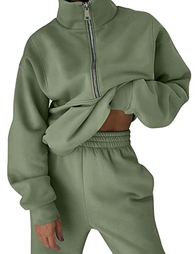 Flygo Womens Fleece 2 Piece Outfits Sweatsuit Half Zip Pullover Sweatshirt Joggers Pants Tracksuit Set (Greygreen-M) #TOP1