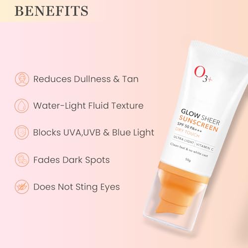 Image of O3+ Glow Sheer Sunscreen SPF 50 PA+++ (50gm) | Lightweight Cream | No White Cast | Sunscreen For Oily Skin, Dry Skin | For Women & Men