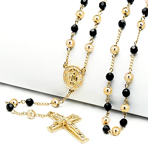 metaltree98 Rosary 6 mm Black Bead Gold and Silver Tone Guadalupe & Jesus Cross 28" Necklace HR 6002