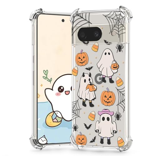 Coque Halloween Pixel 8A transparente en TPU souple citrouille et chat