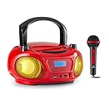 auna Roadie Sing CD - Boombox, Radio CD, Reproductor CD, Karaoke, Tamaño Compacto, Efecto Luminoso LED, Conectividad Bluetooth, Micrófono, con Cable o con Pilas, Radio CD portatil, Rojo