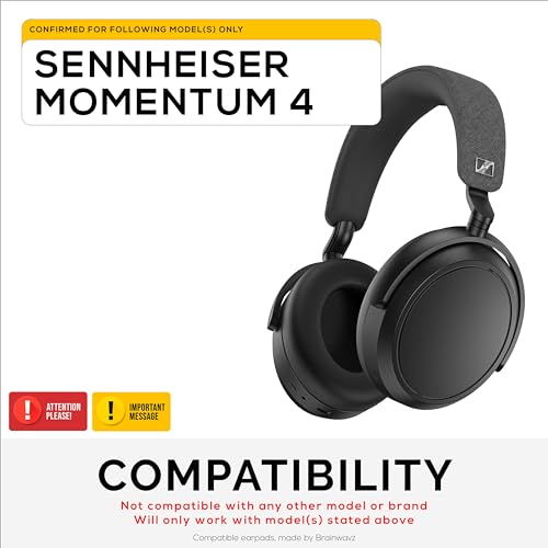 Image of Replacement Earpads for Sennheiser Momentum 4 (IV) Wireless Headphones, Soft PU Leather Cushions, Extra Comfort, Easy & Quick Installation, by Brainwavz (Black)