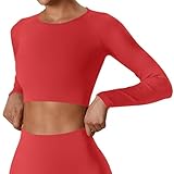 【Modedesign】Einfarbig Geripptes Langarmshirt mit rundhalsausschnitt, schlanke Passform. Dieses damen gym yoga crop tops hat eine taillierte passform, die Ihre figur perfekt betont. Nabelfreies Design, modisch und sexy.