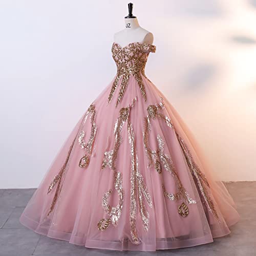 Datangep Sequined Pearl Off Shoulder Ball Prom Dress Floor Lenght Tulle Quinceanera Dresses Formal Princess Ball Prom Dress3